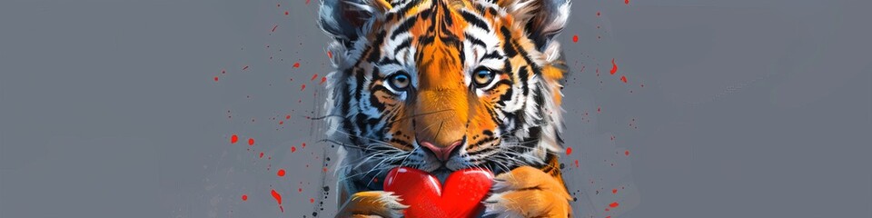 Obraz premium tiger with heart in paws illustration.