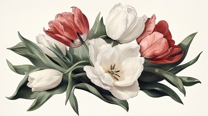 Obraz premium Delicate antique botanical print showcasing Easter tulips in soft watercolors. Generative AI