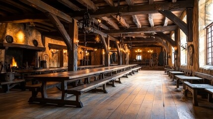 Fototapeta premium Vast Interior of a Medieval Hall with Long Tables and Warm Lighting