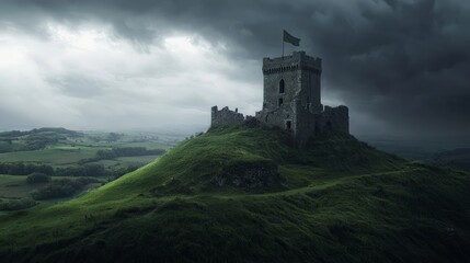 Medieval Watchtower Perched on Hill Under Dark Stormy Sky