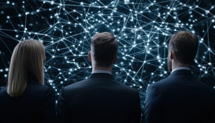 Obraz premium Three professionals observe a digital network of interconnected nodes, symbolizing data, technology, and collaboration in a modern setting.