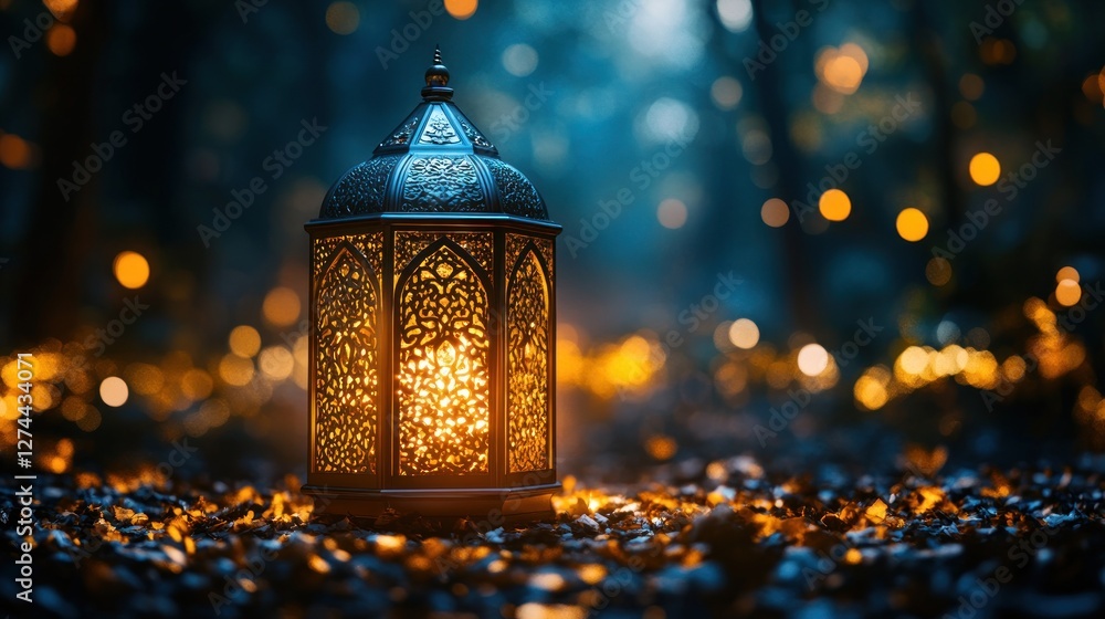 Poster illuminated lantern in a dark forest setting