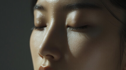 Close-up photo showcasing radiant perfect asian female skin texture with light highlight effect