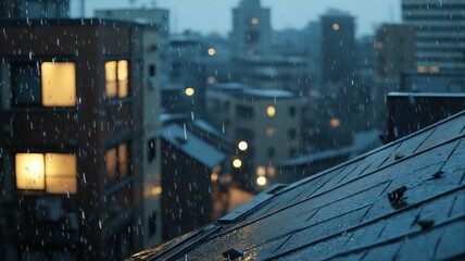 Rainy City Night Dark Rooftop and Illuminated Buildings