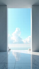 Naklejka premium A serene view through a modern doorway, showcasing clear skies and soft clouds, perfect for conveying openness and tranquility in any design project.