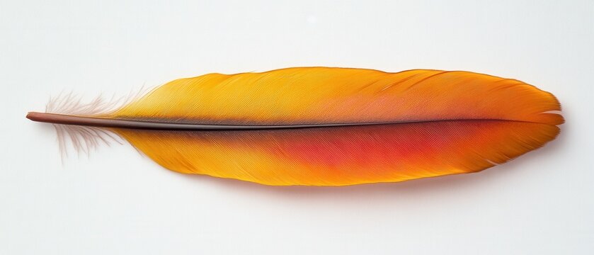 Vivid Feather Displaying Golden Yellow and Fiery Red Hues on Clean White Backdrop in Macro Detail Studio Shot