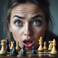 woman looks at the chessboard in surprise