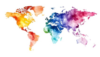 Rainbow Watercolor World Map on White Background