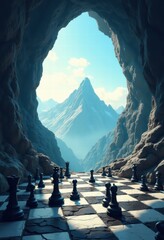 A captivating blend of strategy and nature, this image depicts a chessboard set in a cave, overlooking majestic mountains, symbolizing challenges and triumphs.