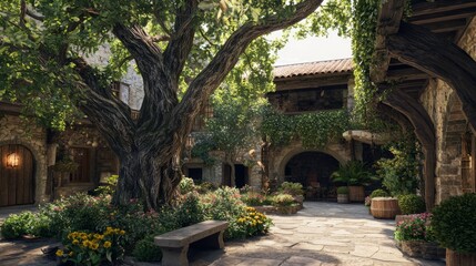 Serene Medieval Courtyard Surrounded by Lush Greenery and Stone Walls