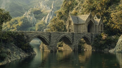 Intricate Medieval Bridge Crossing Serene Waterway in Nature