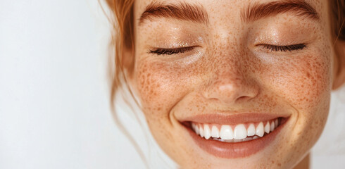 Naklejka premium Subject displays a joyful expression with eyes closed, showcasing healthy skin and a radiant smile in a softly lit environment