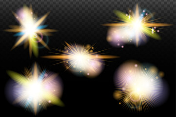 Fototapeta premium Set of flash light effect with glare and glow on a transparent background. Magic, rainbow glow, shining light, stars, optical flares for design, photomontage, New Year and holiday projects.
