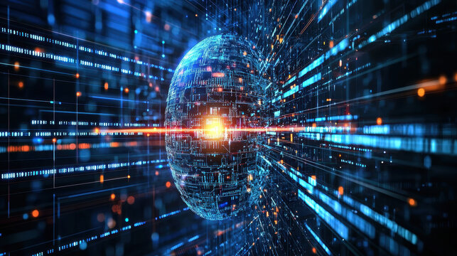 Cyber AI performs real-time analysis of millions of threat reports with illuminating holographic data streams in a futuristic setting