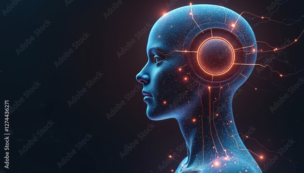 Aufkleber side profile of futuristic ai head with glowing lines. artificial intelligence, computer face, brain