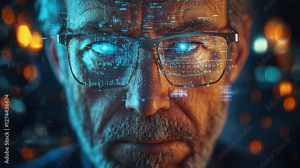 Aufkleber advanced ai security system analyzes deepfake distortion of politician's identity in a futuristic fo