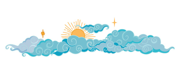Tibetan sky. Blue Asian cloud with moon, sun and stars. Japanese Korean Chinese cloud style. Asian traditional ornaments. Border pattern. Vector illustration