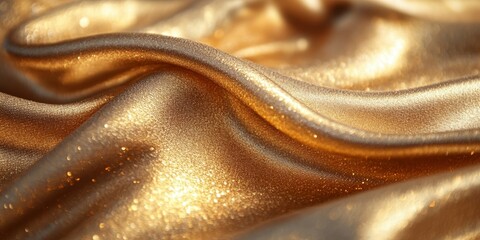 Close-up of luxurious golden silk fabric, shimmering with elegant folds. The smooth texture exudes opulence and glamour