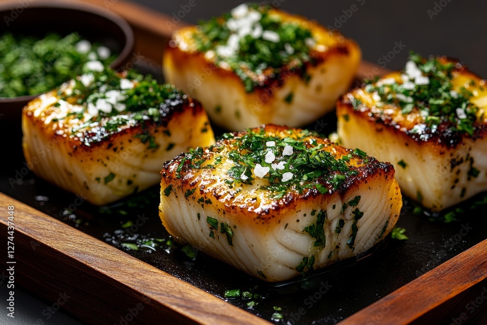 Poster savoring dorado fillets with mediterranean herbs under soft diffused light. generative ai