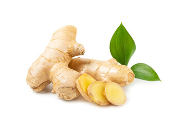 Fresh ginger and lemon isolated on white background. Sliced ​​ginger. Ginger root. Traditional alternative medicine, healing tea for immunity. Close-up.