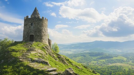 Fototapeta premium Medieval Stone Tower with Staircase Overlooking Green Landscape