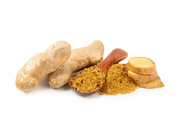 Fresh ginger and lemon isolated on white background. Sliced ​​ginger. Ginger root. Traditional...
