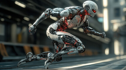 Fototapeta premium Futuristic robotic athlete showcases speed and agility in advanced Olympic competition with cybernetic exoskeleton enhancements