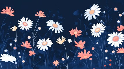 Obraz premium Nighttime daisies field, floral banner, dark background, website header