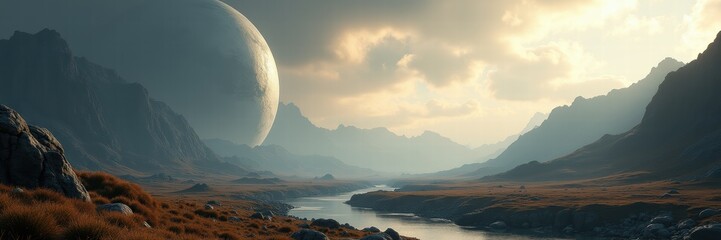 Naklejka premium A breathtaking alien landscape featuring a winding river, distant mountains, and a massive planet in the sky, perfect for science fiction and fantasy themes.