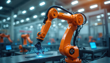 Advanced robotic arm operates in modern smart factory, illustrating industrial automation. Data analytics performance metrics overlayed. High tech machine manufacturing digital products with robotic