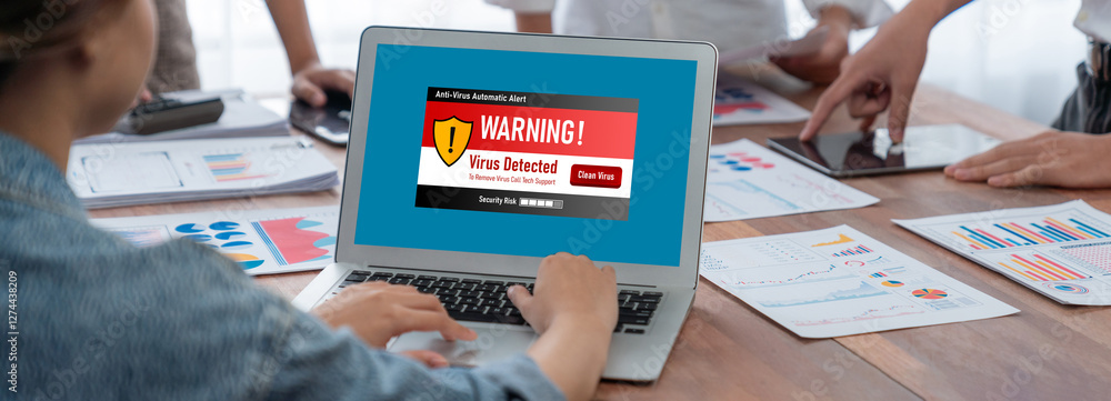 Poster Virus warning alert on computer screen detected brisk cyber threat , hacker, computer virus and malware