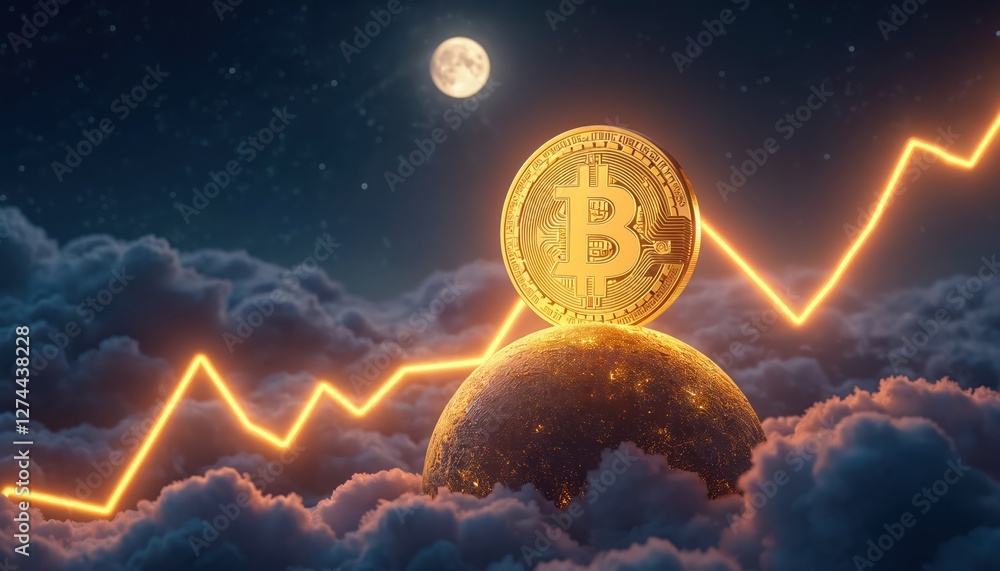 Aufkleber illustration of bitcoin on moon with neon growth chart against starry night sky with clouds. crypto 