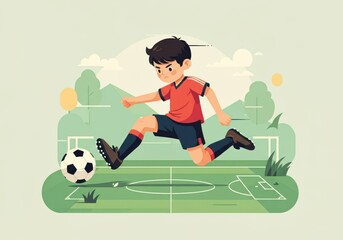 Obraz premium Young boy kicking a soccer ball on a vibrant green field