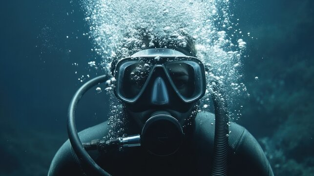 Underwater Diver's Serene Dive: A Captivating View of a Scuba Diver's Face, Surrounded by Bubbles, in a Deep Ocean Dive