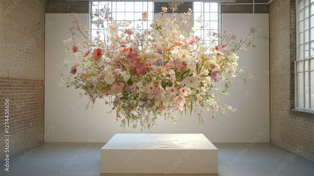 Poster whimsical floating floral arrangement around a minimal podium, creating a fresh and elegant spring s
