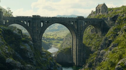 Architectural Marvel of Medieval Bridge over Deep Ravine Landscape
