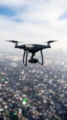 Aerial view of a drone flying over a bustling cityscape capturing urban life below