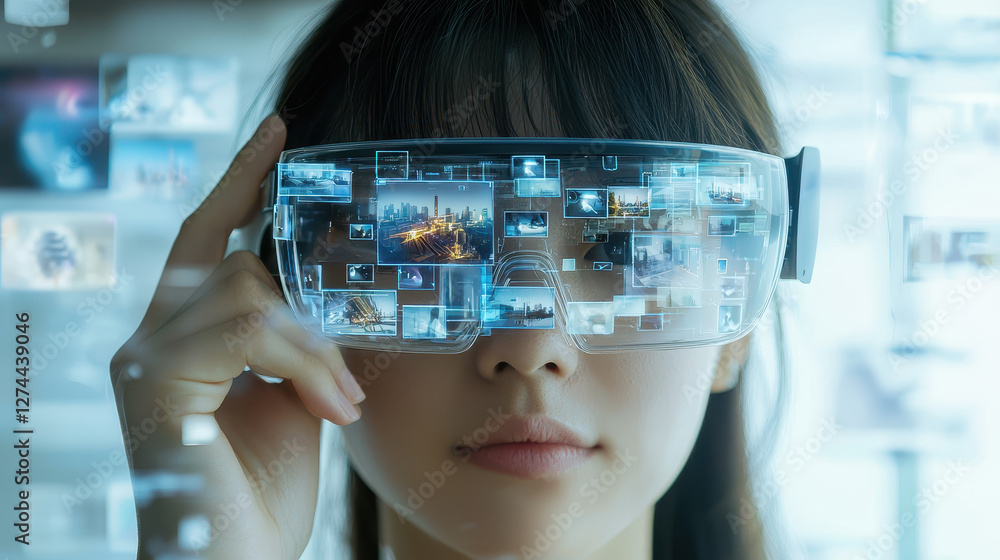 Poster exploring hidden truths with augmented reality glasses, revealing layers of disinformation in everyd