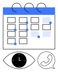 Calendar grid with event markers, an eye symbol with a clock, and a phone bubble for reminders. Ideal for scheduling, planning, organization, team coordination, productivity, reminders abstract line
