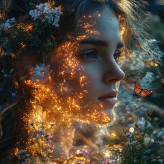 Golden Light Envelops Woman Flowers Butterfly
