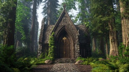 Fototapeta premium Ornate Medieval Stone Chapel Surrounded by Lush Forest