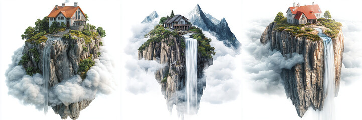Set of a house on a cliff, A mountain and house above the bulu clouds with a view of falling water isolated on a transparent background