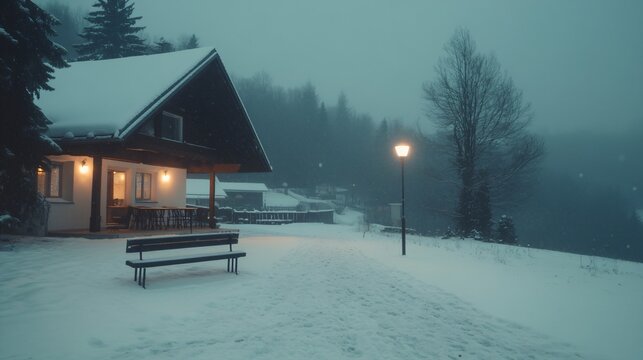 Cozy winter cabin in snowy forest at dusk with glowing street lamp and wooden bench. Moody evening landscape with warm lights and foggy mountains backdrop. Seasonal outdoor