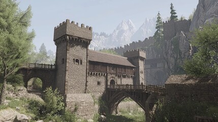 Obraz premium Medieval Stone Fort with High Walls Surrounded by Nature