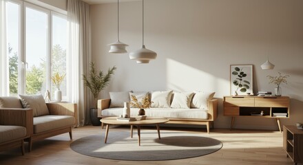 A bright and stylish modern living room featuring minimalist Scandinavian inspired decor