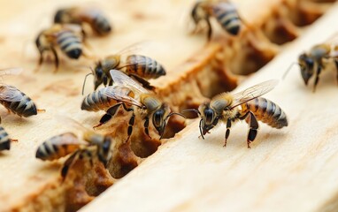 A diverse group of bees buzzing around a flower garden, capturing the essence of pollination and nature