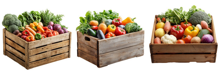 Set of a wooden crate full of vegetables, Wooden box full of fresh vegetables  isolated on a transparent background