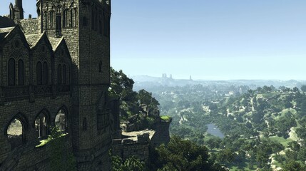 Medieval Tower with Narrow Pointed Architecture Overlooking Landscape