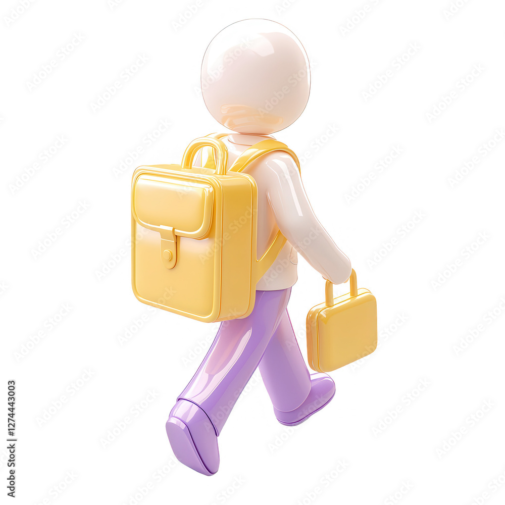Poster a 3d character with a yellow backpack and briefcase, walking away. the character has a simplistic de
