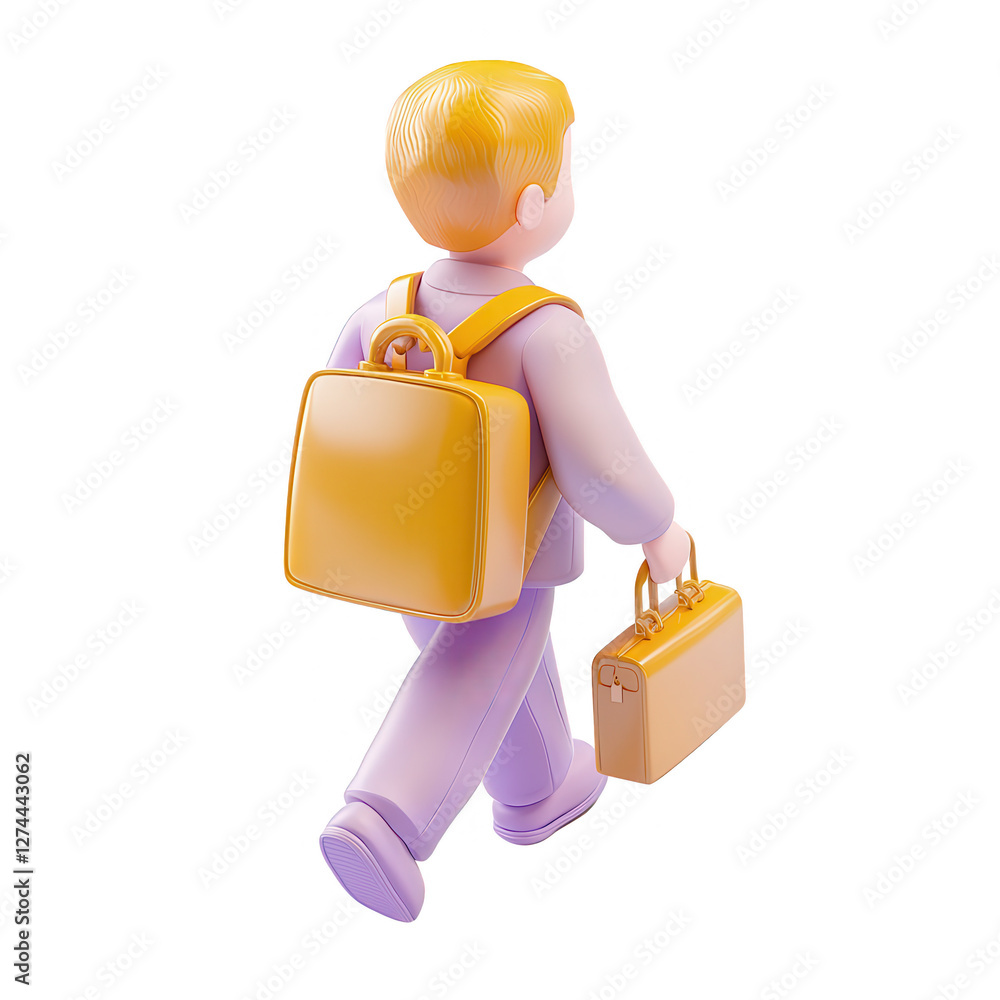 Poster a 3d character is walking while carrying a backpack and a briefcase in a bright, isolated environmen